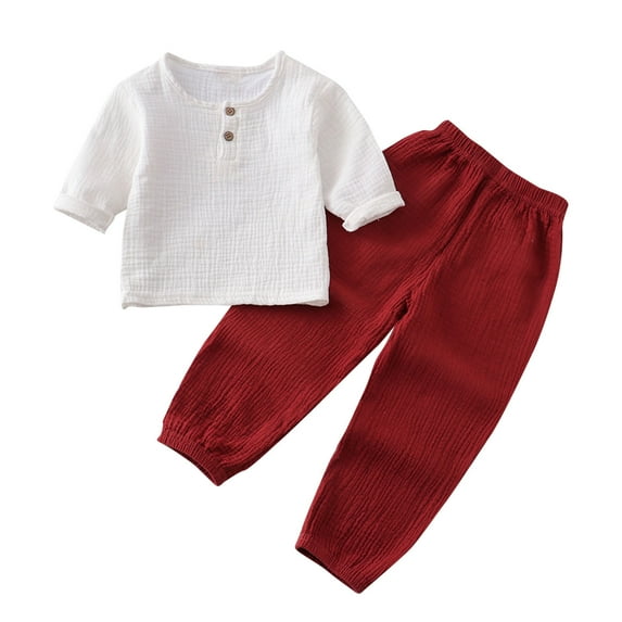Loopsun Toddler Summer Sets, Fashion Girls and Boys Casual Short Sleeve Tops Round Neck Tops Long Pants Solid Sets Red 5-6 Years