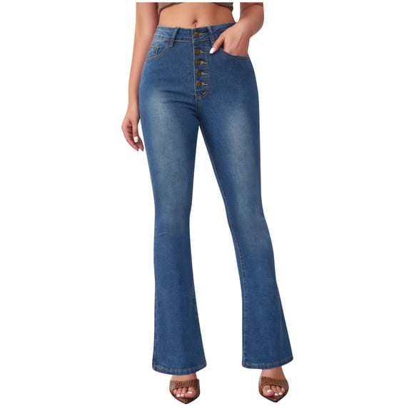 Loopsun Womens Pants, Jeans for Women, Women's Solid High Waist Casual Flare Leg Denim Pants Blue M
