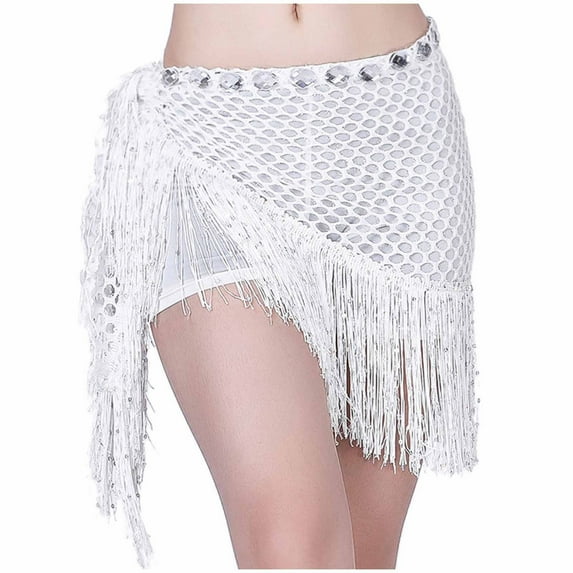 Loopsun Womens Summer Skirts, Skirts for Women, Women's Dance Costume Tassel Waist Chain Hollow Triangular Scarf Lace Up Hip Towel Skirt White Free Size