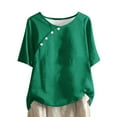 thumbnail image 1 of Loopsun Womens Summer Top Plus Size, Linen Top for Women, Women's Solid Color Casual Round Neck Linen Button Short Sleeve Top Green XXL, 1 of 5
