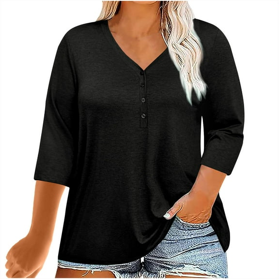 Loopsun Womens Summer Top Plus Size, T Shirts for Women, Women Plus Size Top V Neck 3/4 Sleeve Casual Tshirts Loose Basic Tunic Tees Black L