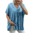 thumbnail image 1 of Loopsun Womens Summer Top Plus Size, T Shirts for Women, Women Short Sleeve Sequins Loose Pullover Solid V Neck Blouse Shirt Top Blue XXXL, 1 of 5