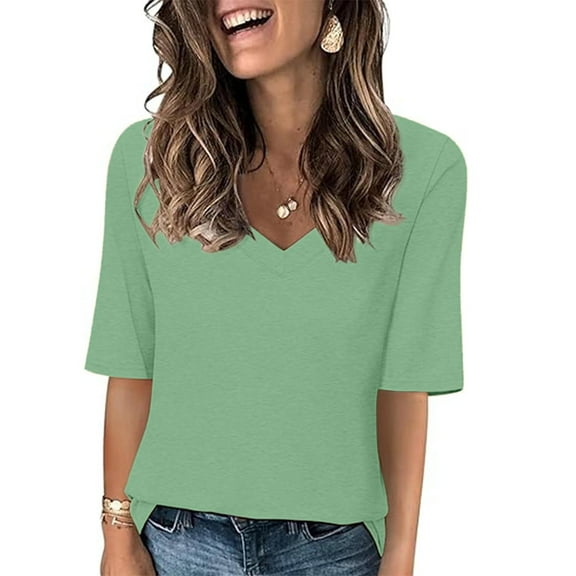 Loopsun Womens Summer Top Plus Size, T Shirts for Women, Women's Fashion Tees Casual V Neck Loose T Shirt Half Sleeve Top Mint Green XL