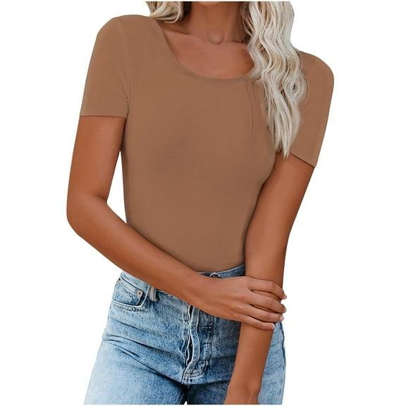 Loopsun Womens Summer Top Plus Size, T Shirts for Women, Women's Casual Solid Color Short Sleeve Crew Neck Top Khaki S