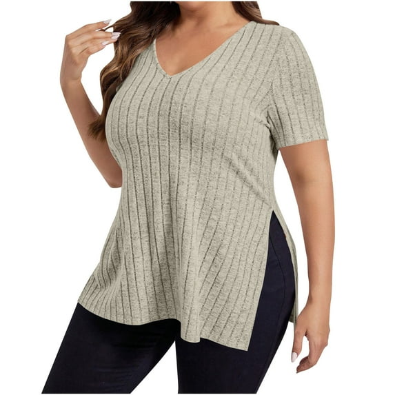 Loopsun Womens Summer Top Plus Size, T Shirts for Women, Women's Plus Size Short Sleeve Solid Color V Neck T-shirt Top Beige XXXXXL