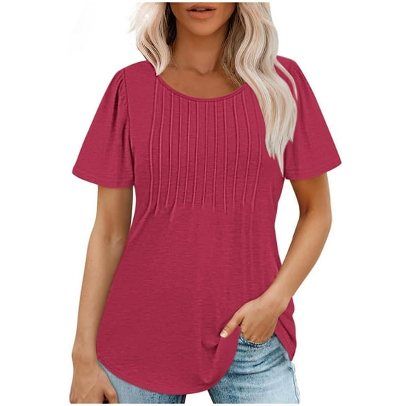Loopsun Womens Summer Top, T Shirts for Women, Fashionable Women's Casual Short Sleeve Loose Round Neck Solid Color Top Hot Pink S