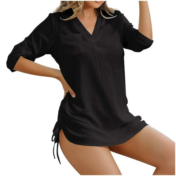 Loopsun Womens Swimsuits, Swimsuit Coverup for Women, Fashion Women's Solid Loose Drawstring Button Pullover Top Black XL