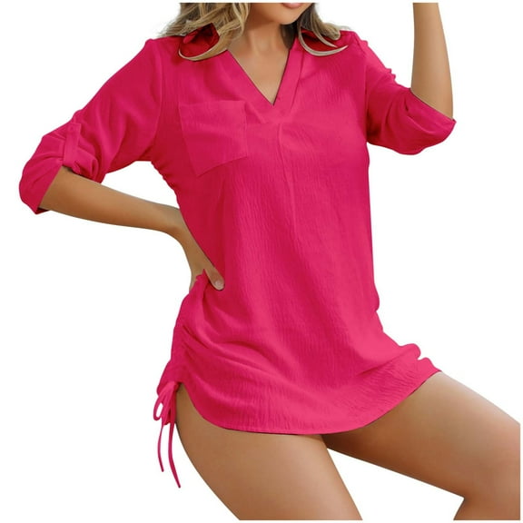 Loopsun Womens Swimsuits, Swimsuit Coverup for Women, Fashion Women's Solid Loose Drawstring Button Pullover Top Hot Pink XL
