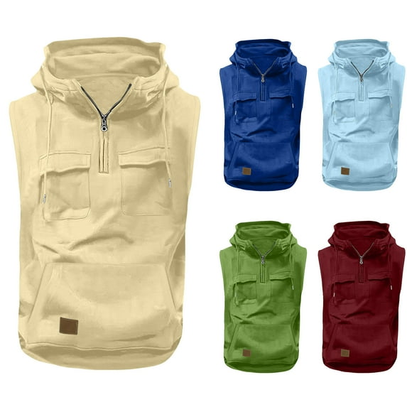 Summer Savings!Loose Summer Tank Tops for Men,Plus Size Cargo Tank Tops for Man Vintage Tank Top,Quarter Zip Workout Top Sleeveless Tank with Pocket Pullover Workout Outdoor Sweatshirt