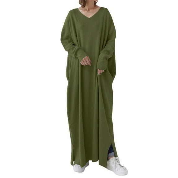Lovzfmll A-Line Dresses for Women, Women's Plus Size Casual Dress Solid Color V Neck Long Sleeve Winter Fall Basic Casual Maxi Long Dress Daily Vacation Dress Army Green S