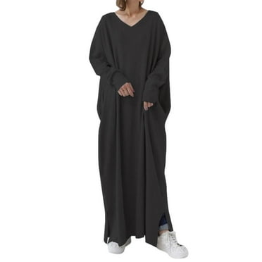 Summer Savings! Lovzfmll A-Line Dresses for Women, Women's Plus Size Casual Dress Solid Color V Neck Long Sleeve Winter Fall Basic Casual Maxi Long Dress Daily Vacation Dress Black 2XL