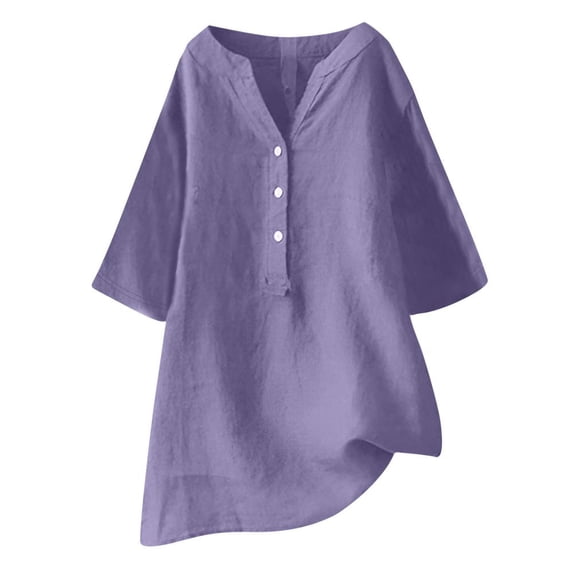 Summer Savings! Lovzfmll Blouse for Women, Women's Loose And Versatile V-neck Long Sleeved Cotton Linen Tops Shirt Short Sleeved V-neck Tops/shirt Purple XL