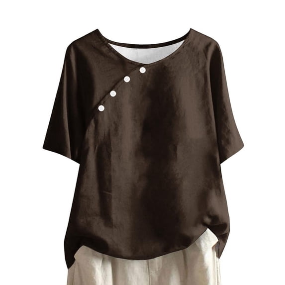 Lovzfmll Blouse for Women, Women's Solid Color Casual Round Neck Linen Knot Linen Button Short Sleeved Top Brown 4XL