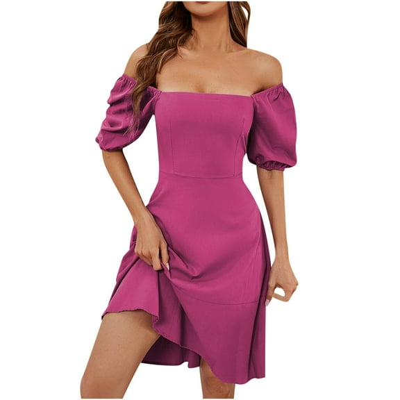 Lovzfmll Cocktail Dresses for Women, Women Casual Solid Color Bubble Sleeve Short Sleeve SquareNeck Dress Hot Pink M