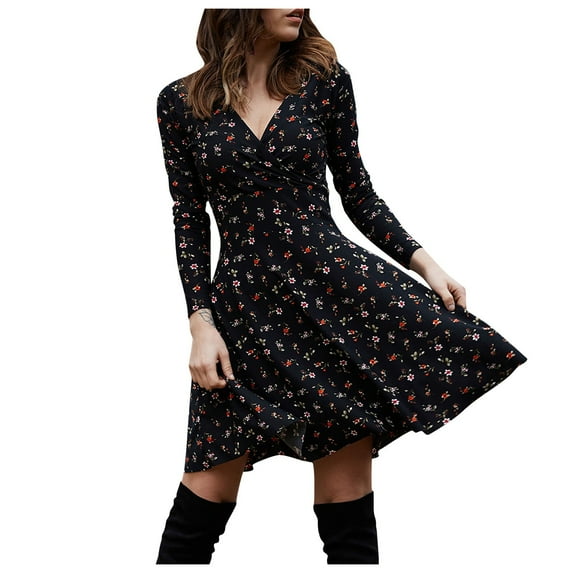 Summer Savings! Lovzfmll Cocktail Dresses for Women, Women V Neck Manches Long Sleeve Robe Female Retro Elegant Party Culb Dress Black L