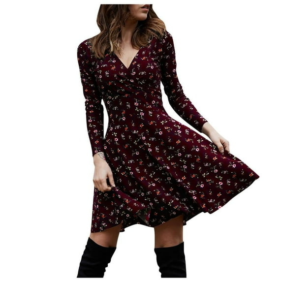Lovzfmll Cocktail Dresses for Women, Women V Neck Manches Long Sleeve Robe Female Retro Elegant Party Culb Dress Wine XL