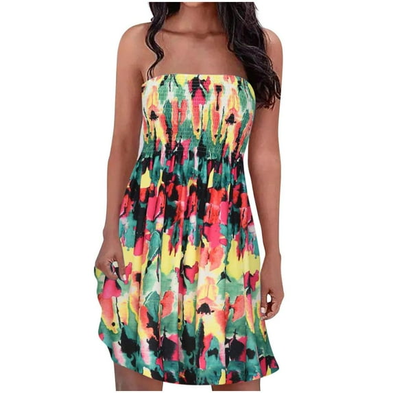 Summer Savings! Lovzfmll Cocktail Dresses for Women, Women's Bohemian Style Strapless Elastic Dress Dresses Sleeveless Floral Print Dress Yellow S