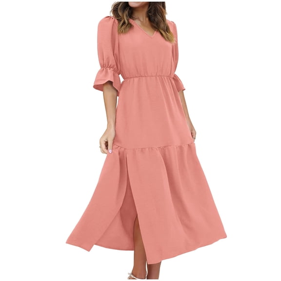 Lovzfmll Dresses for Women, Women Fashion Summer V-Neck Short Sleeve Solid Waist Dresses Beige L