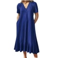 thumbnail image 1 of Summer Savings! Lovzfmll Dresses for Women, Women Fashion Summer V-Neck Short Sleeve Solid Waist Dresses Beige L, 1 of 2