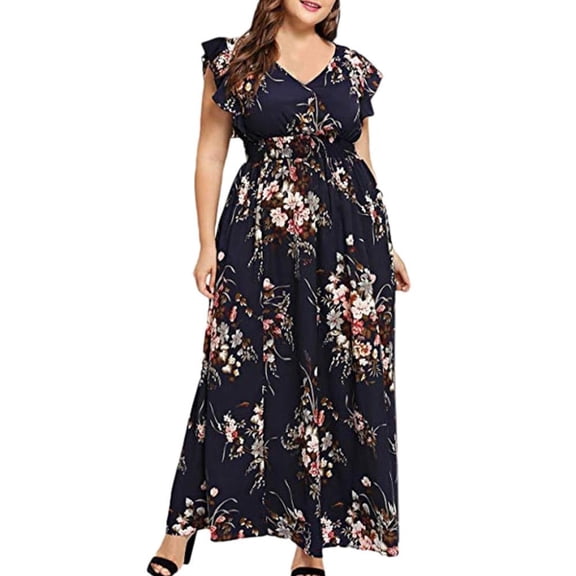 Lovzfmll Dresses for Women Women Plus Size Summer V Neck Floral Print Boho Sleeveless Party Maxi Dress Navy 2XL