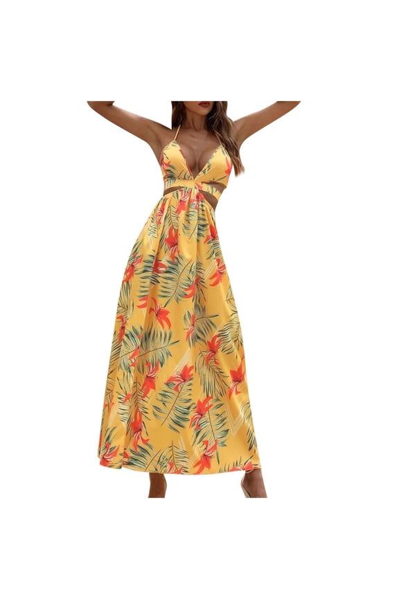 Dresses for Women, Women's Bohemian Beach Camis Sleeveless V-neck Backless Elasty Long Dress Yellow S
