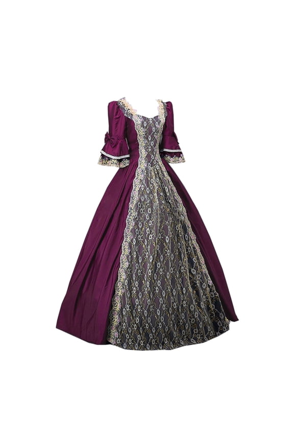 Peasant Dresses for Women, Fashion Womenl Vintage Gothic Court Gown Cake Skirt Lace Clashing Dress Purple 4XL