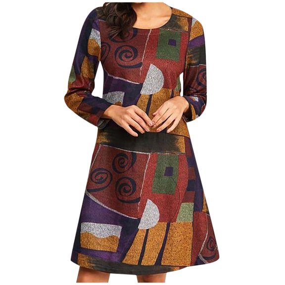 Lovzfmll Skater Dresses for Women, Women Fashion Printed Loose Mid-length Long Sleeve Dress Red 3XL