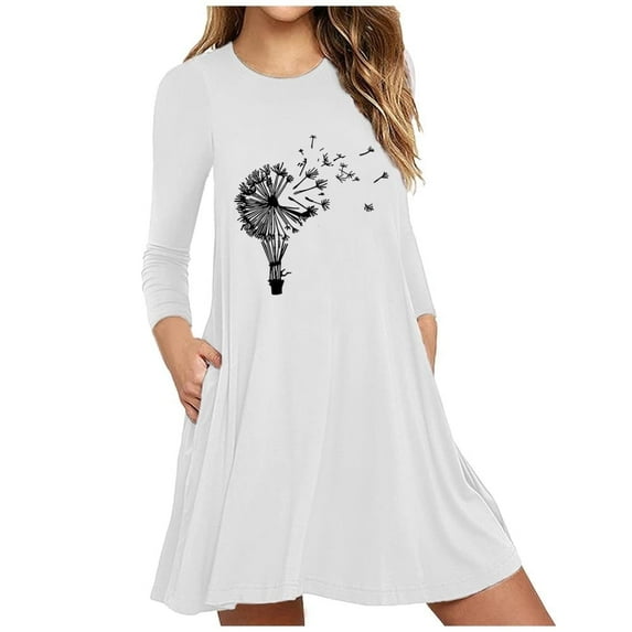 Lovzfmll Skater Dresses for Women, Women's Printed Long Sleeve Pockets Casual Dress Loose Dresses White L