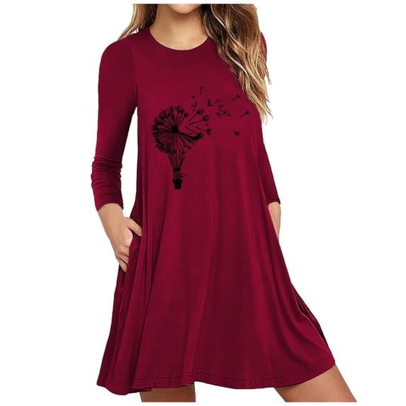Lovzfmll Skater Dresses for Women, Women's Printed Long Sleeve Pockets Casual Dress Loose Dresses Wine M