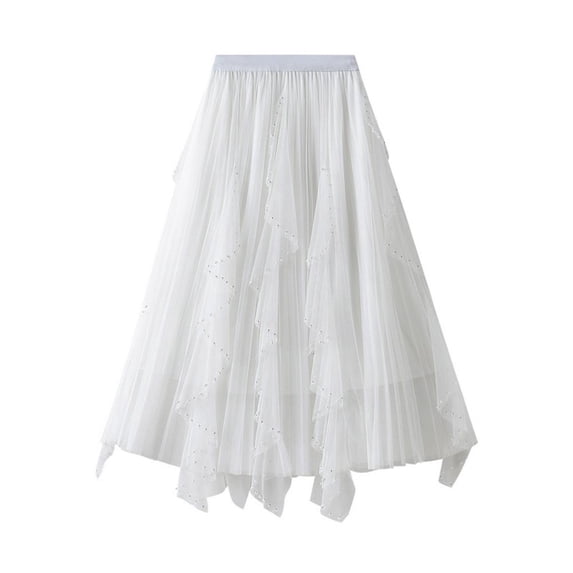 Summer Savings! Lovzfmll Skirts for Women, Fashion Women Long Tulle Skirt Flower Embroidery Solid Color High Waist Mesh Beading Midi Skirt White One Size