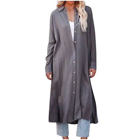 Lovzfmll T-Shirt Dresses for Women, Fashion Women Casual Solid Turndown Neck Sleeve Button Loose Dress Autumn Blouse Tops Gray S
