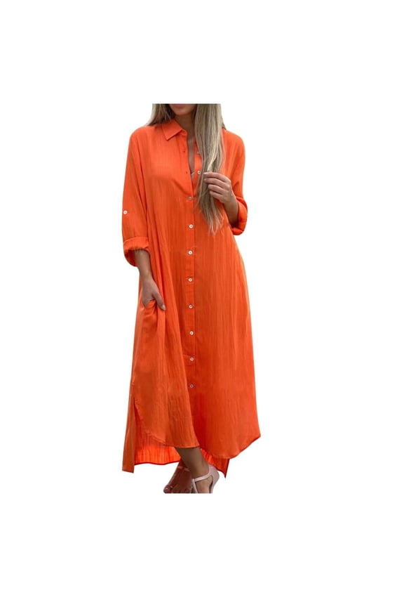 T-Shirt Dresses for Women, Women'S V-Neck Shirt Dress Solid Color Cotton Hemp Casual Cardigan Long-Sleeved Dress Orange 3XL