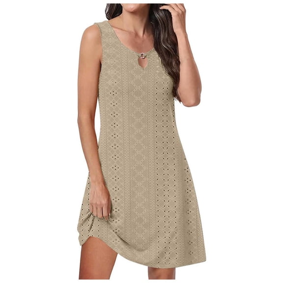 Lovzfmll Tank Dresses for Women, Women's Fashion Casual Round-Neck Vintage Sleeveless Print Dresses Khaki 3XL