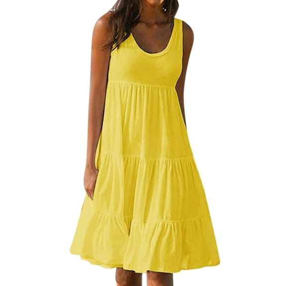 Lovzfmll Tank Dresses for Women, Womens Fashion Holiday Summer Solid Color Sleeveless Party Beach Dress Yellow M
