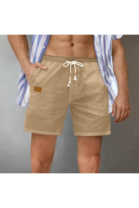 Mens Faux Linen Shorts Casual Shorts Lightweight Elastic Waist Drawstring Summer Beach Vacation Shorts with Pockets Khaki L