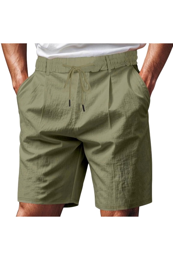 Mens Linen Shorts Solid Color Elastic Waist Drawstring Straight Leg Shorts Loose Fit Summer Casual Beach Shorts Green 3XL