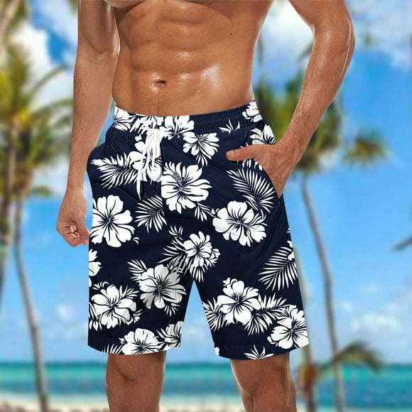 Summer Savings! MELDVDIB Mens Swim Trunks Big & Tall Swimsuit Elastic Waist Floral Print Swim Board Shorts Bathing Suit Summer Casual Hawaiian Beach Shorts with Pockets Black L