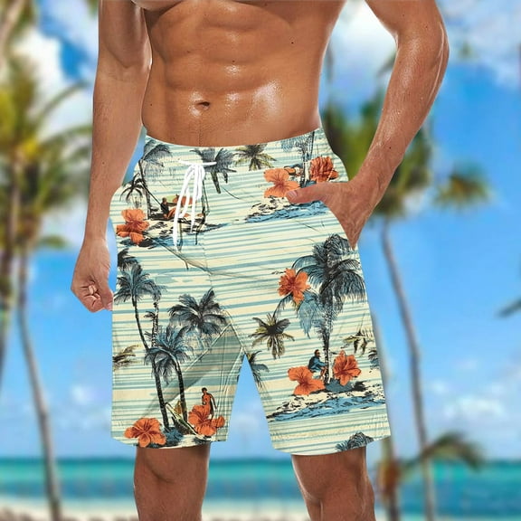 MELDVDIB Mens Swim Trunks Big & Tall Swimsuit Elastic Waist Floral Print Swim Board Shorts Bathing Suit Summer Casual Hawaiian Beach Shorts with Pockets Beige 5XL