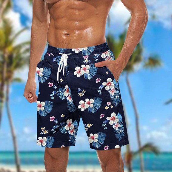 MELDVDIB Mens Swim Trunks Big & Tall Swimsuit Elastic Waist Floral Print Swim Board Shorts Bathing Suit Summer Casual Hawaiian Beach Shorts with Pockets Dark Blue 4XL