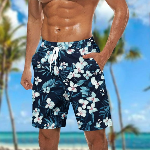 MELDVDIB Mens Swim Trunks Big & Tall Swimsuit Elastic Waist Floral Print Swim Board Shorts Bathing Suit Summer Casual Hawaiian Beach Shorts with Pockets Dark Blue 4XL
