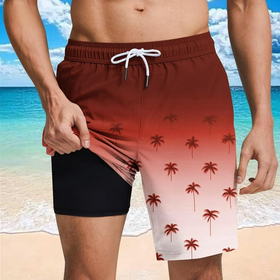 MELDVDIB Mens Swim Trunks with Compresssion Liner Elastic Waist Drawstring Hawaiian Board Shorts Bathing Suit Swimwear Shorts Summer Casual Beach Shorts with Pockets Orange S