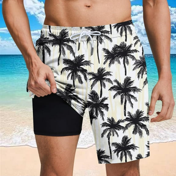 MELDVDIB Mens Swim Trunks with Compresssion Liner Elastic Waist Drawstring Hawaiian Board Shorts Bathing Suit Swimwear Shorts Summer Casual Beach Shorts with Pockets Black XL
