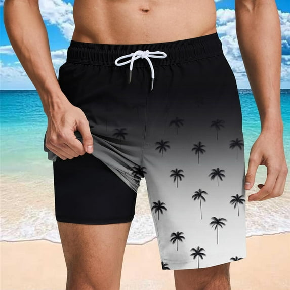 MELDVDIB Mens Swim Trunks with Compresssion Liner Elastic Waist Drawstring Hawaiian Board Shorts Bathing Suit Swimwear Shorts Summer Casual Beach Shorts with Pockets Black L
