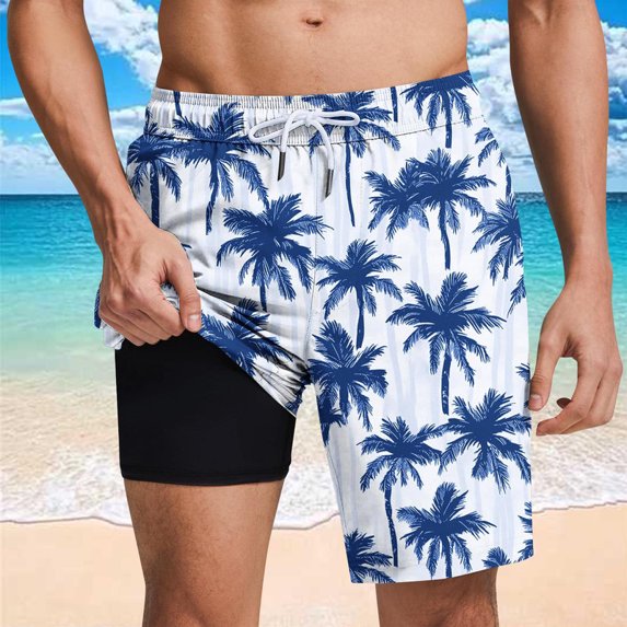 MELDVDIB Mens Swim Trunks with Compresssion Liner Elastic Waist Drawstring Hawaiian Board Shorts Bathing Suit Swimwear Shorts Summer Casual Beach Shorts with Pockets Blue M