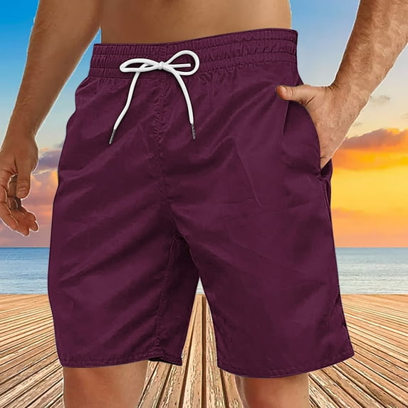 MELDVDIB Mens Swim Trunks Quick Dry Swim Shorts Solid Color Hawaiian Board Shorts Elastic Waist Drawstring Bathing Suit Swimwear Summer Casual Loose Beach Shorts with Pockets Purple XL
