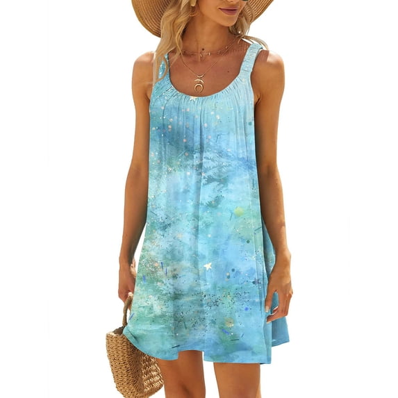 Summer Savings MIANHT Plus Size Summer Dresses for Women 2024, Spring and Summer Women Casual Printed Round-Neck Sleeveless Loose Knee-Length Dress on Clearance