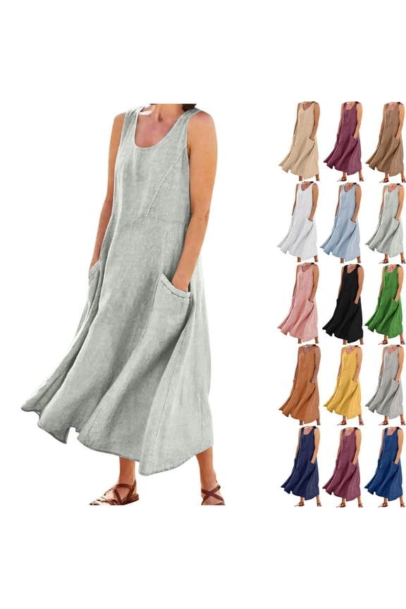 Maxi Dresses for Womens 2026 Plus Size Fashion Casual Solid Color Sleeveless Round Neck Pocket Dress Skirt