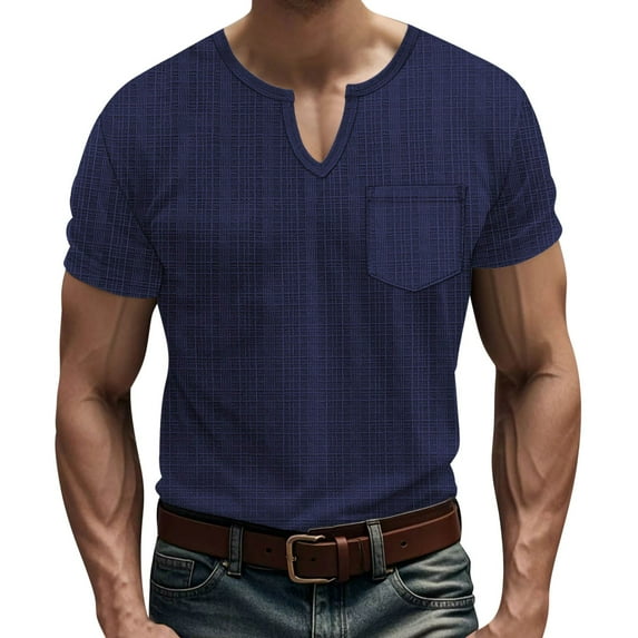 Mens Shirts Casual Short Sleeved Solid Imitation Linen Loose Breathable V-neck Top