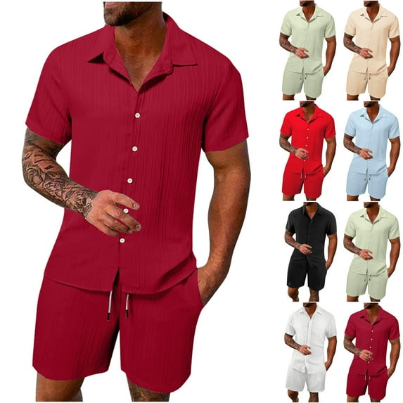 Summer Savings Mens 2 Piece Outfits for Vacation Beach Hawaiian Short Sleeve Button Down Cotton Linen Cuban Shirts Shorts Set Black L
