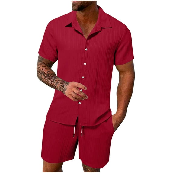 Summer Savings Mens 2 Piece Outfits for Vacation Beach Hawaiian Short Sleeve Button Down Cotton Linen Cuban Shirts Shorts Set Wine L